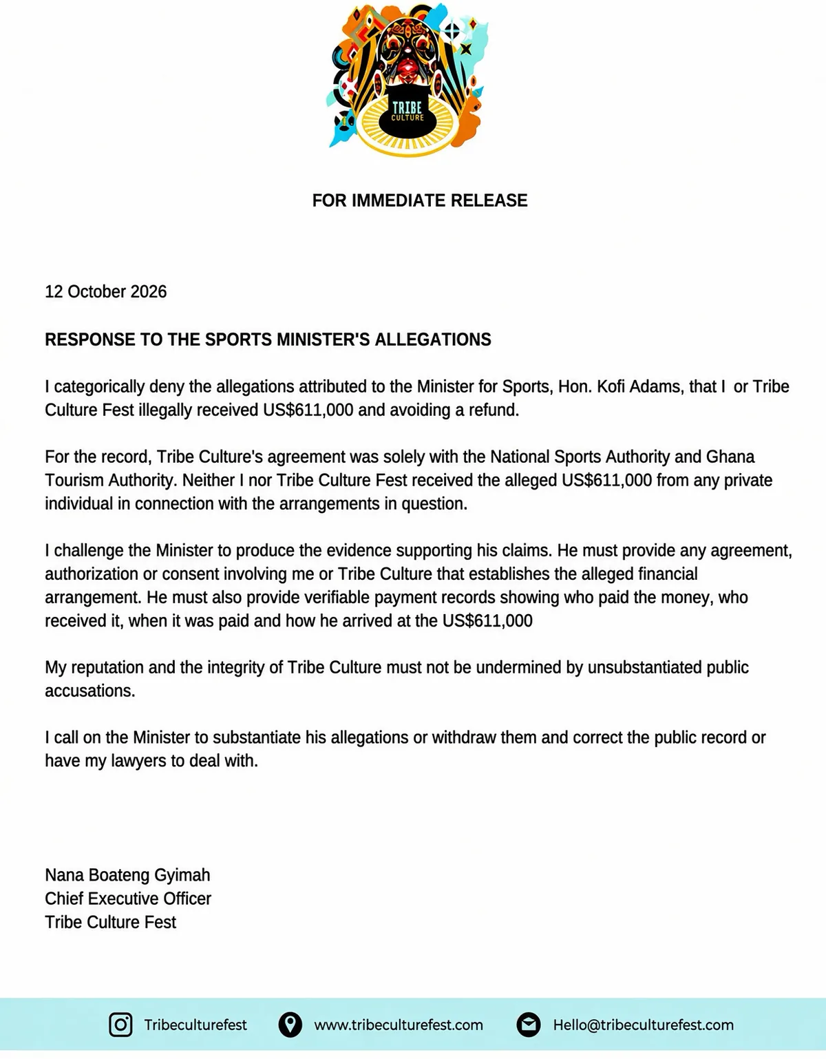 Tribe Culture Fest CEO Categorically Denies Sports Minister’s $611,000 Allegations