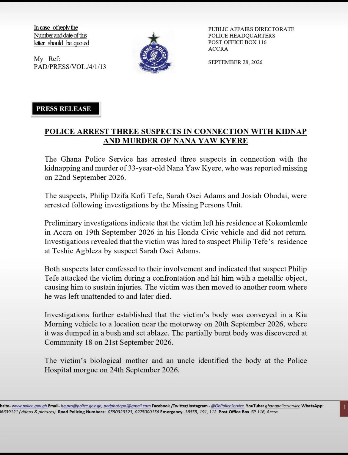 Photo 1 from: Police arrest three suspects over kidnap and murder of Nana Yaw Kyere